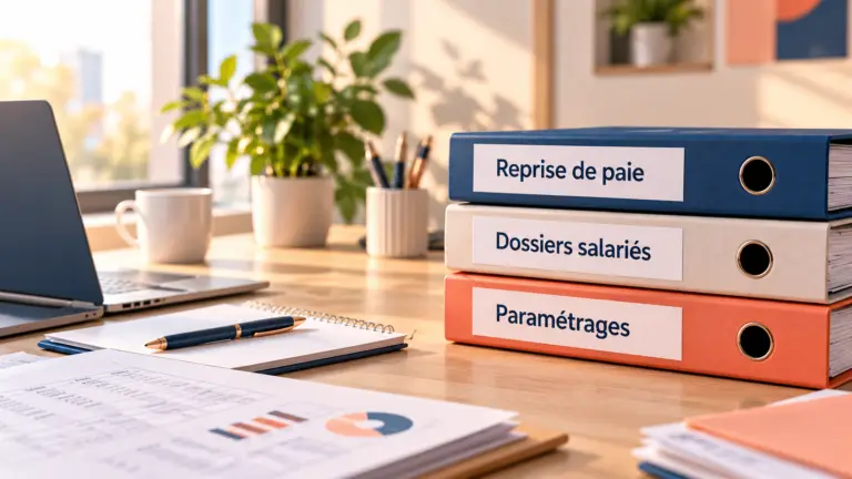 Bureau professionnel avec trois classeurs intitulés « Reprise de paie », « Dossiers salariés » et « Paramétrages », illustrant la préparation d’une reprise de portefeuille paie.