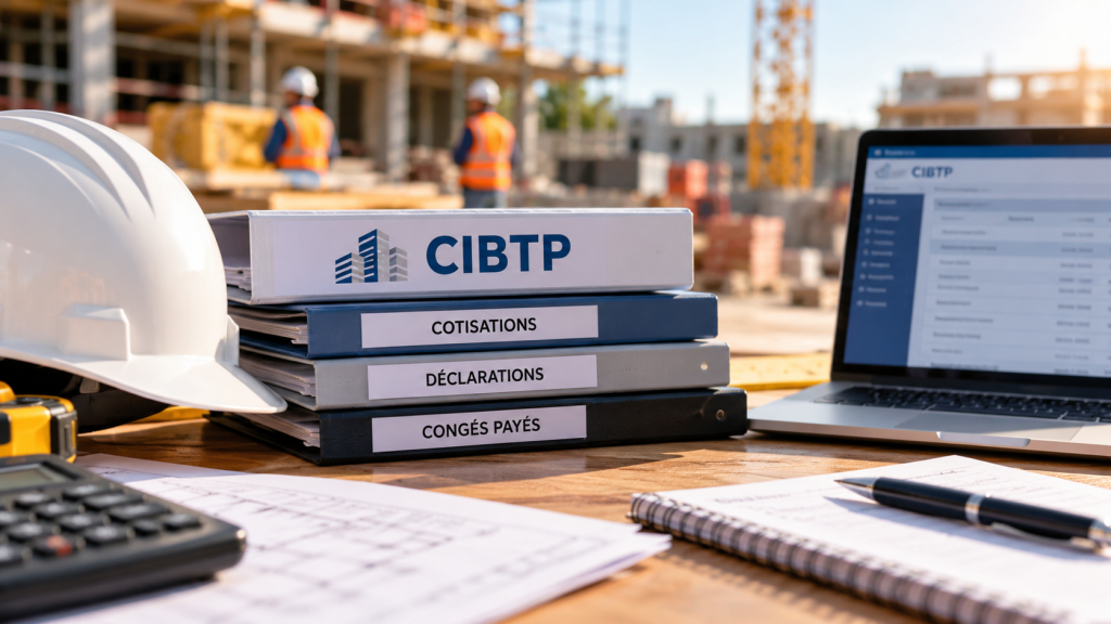 Illustration de la gestion des cotisations CIBTP dans une entreprise du bâtiment, avec dossiers administratifs et chantier.
